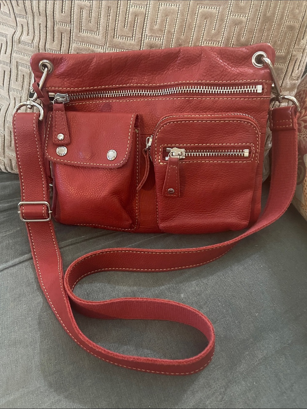 Fossil Red Leather Multi-Pocket Crossbody Bag